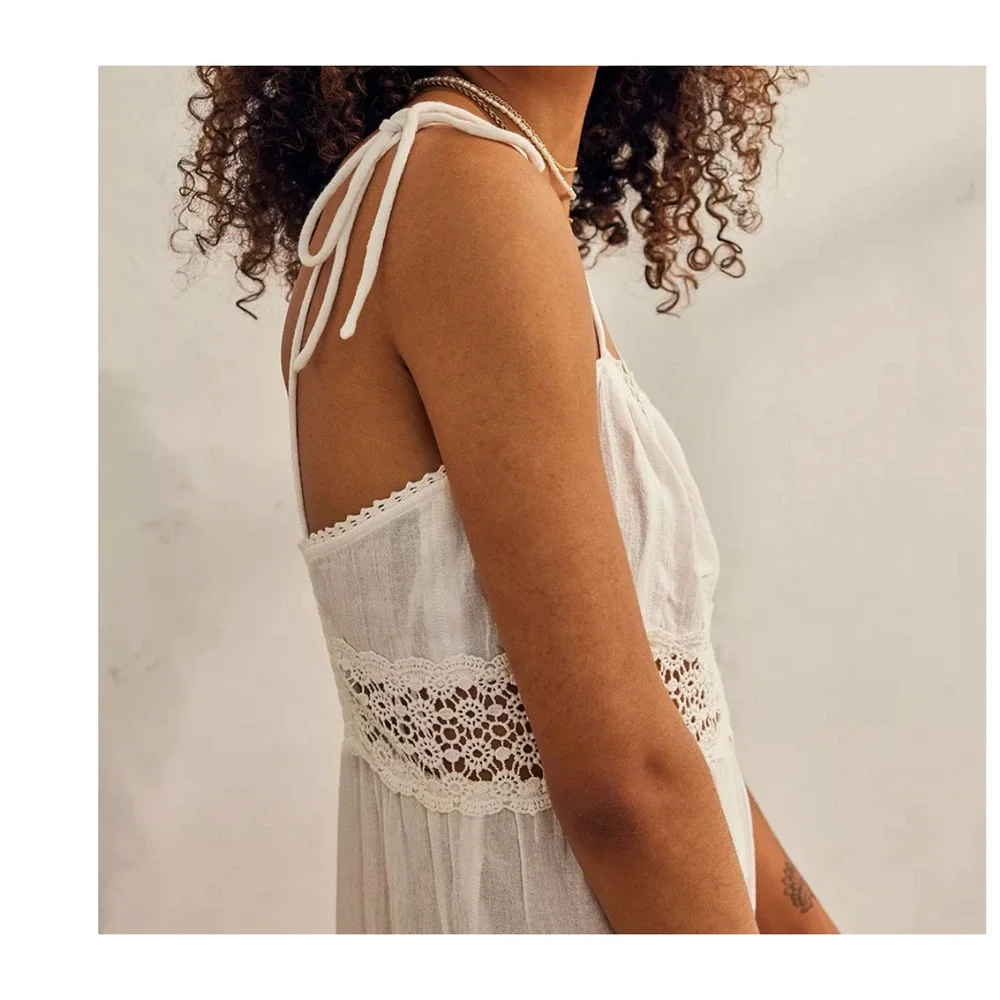 Urban Outfitters Jumpsuit White Wide Leg Gauze Cotton Crochet Cottagecore L NWT - Picture 4 of 15